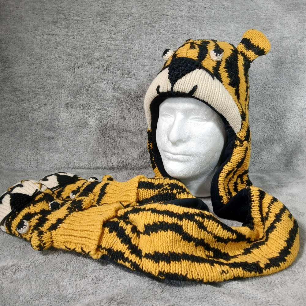 Tiger Hood Beanie Scarf Mittens Unisex OSFA Animal Hat Yellow Wool Nepal New